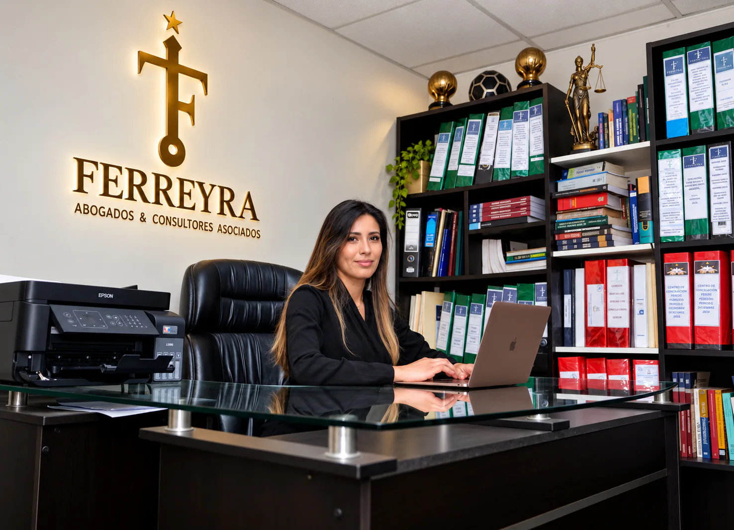 Milena Champa trabajando en las oficinas de Ferreyra Abogados